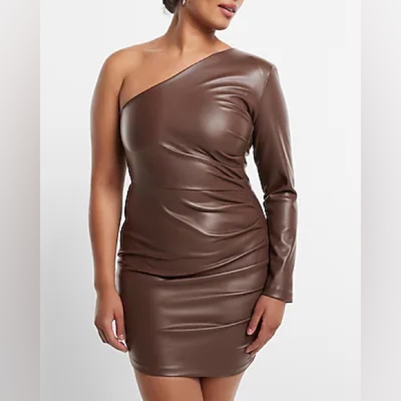 NWT One-Shoulder Brown Dress faux leather express size medium - Picture 1 of 4